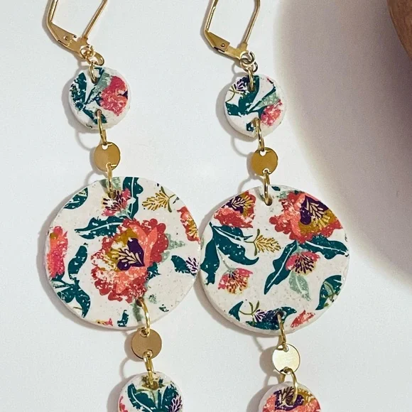 Handmade Floral Multi-Disk Dangle Earrings - White with Coral & Teal - Picture 3 of 4